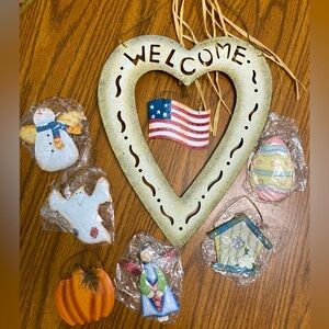 Vintage Metal Heart-Shaped Welcome Sign with Holiday Ornaments